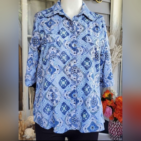 VTG 90s Alia Petite Blue Floral Geometric 3/4 Sleeves Buttons Up Shirt Top 8P - Picture 7 of 7